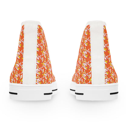 Orange Floral High-Top Sneakers — Women's Patterned Canvas Shoes