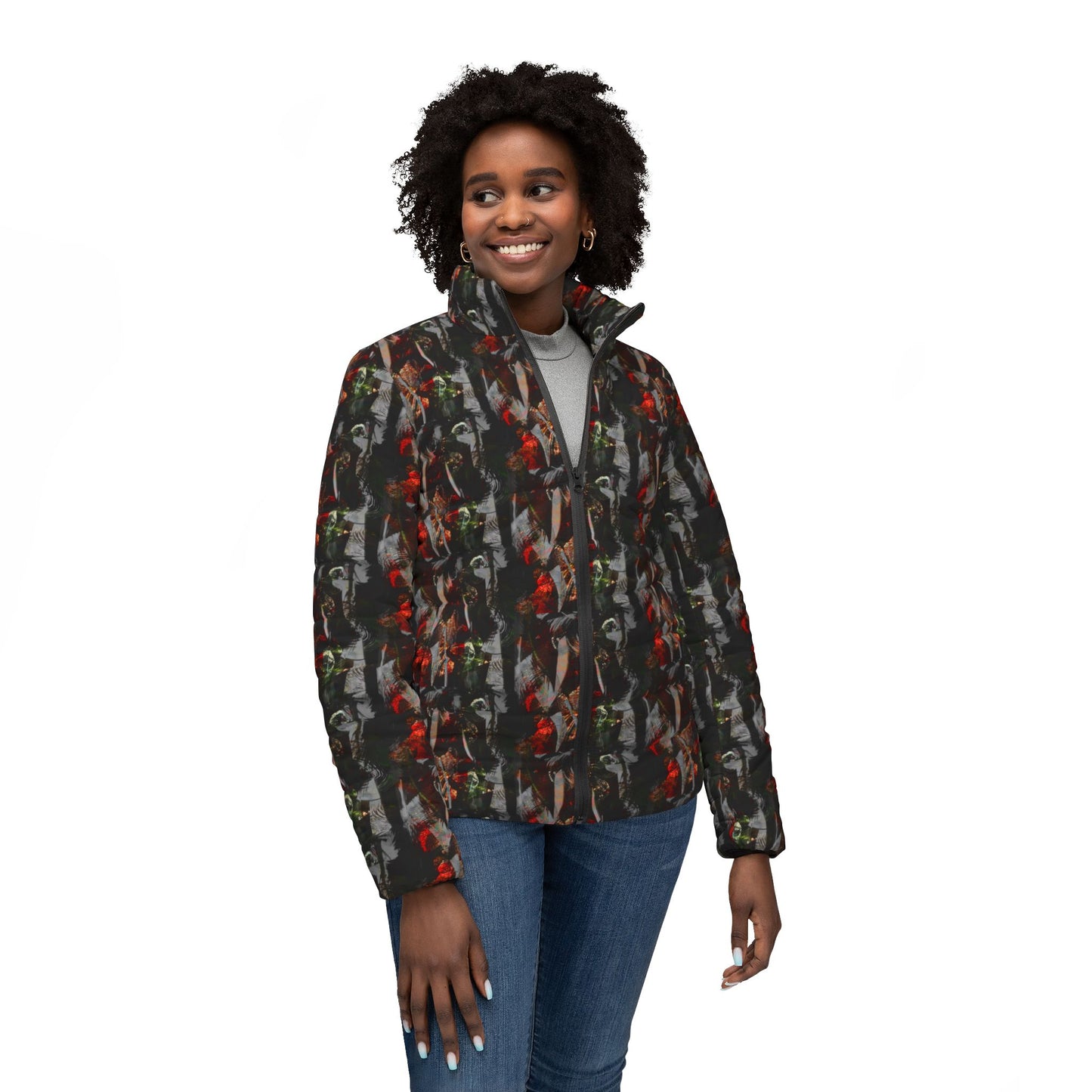Stylish Womens Puffer Jacket with Floral Design, Trendy Outerwear, Ideal for Winter, Cozy Fashion, Gift for Her