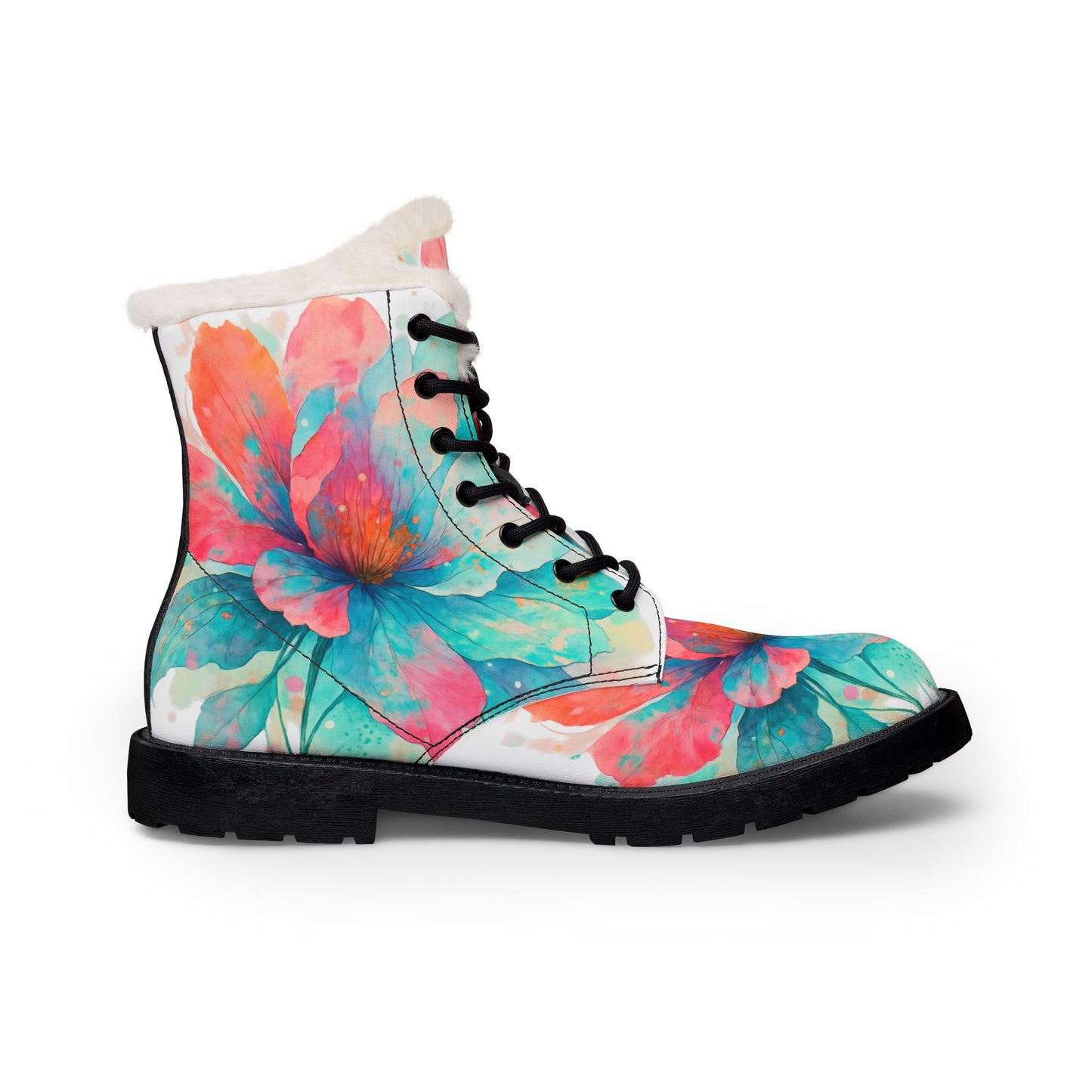 Floral Fur-Lined Leather Boots — Women's Watercolor Flower Winter Boots
