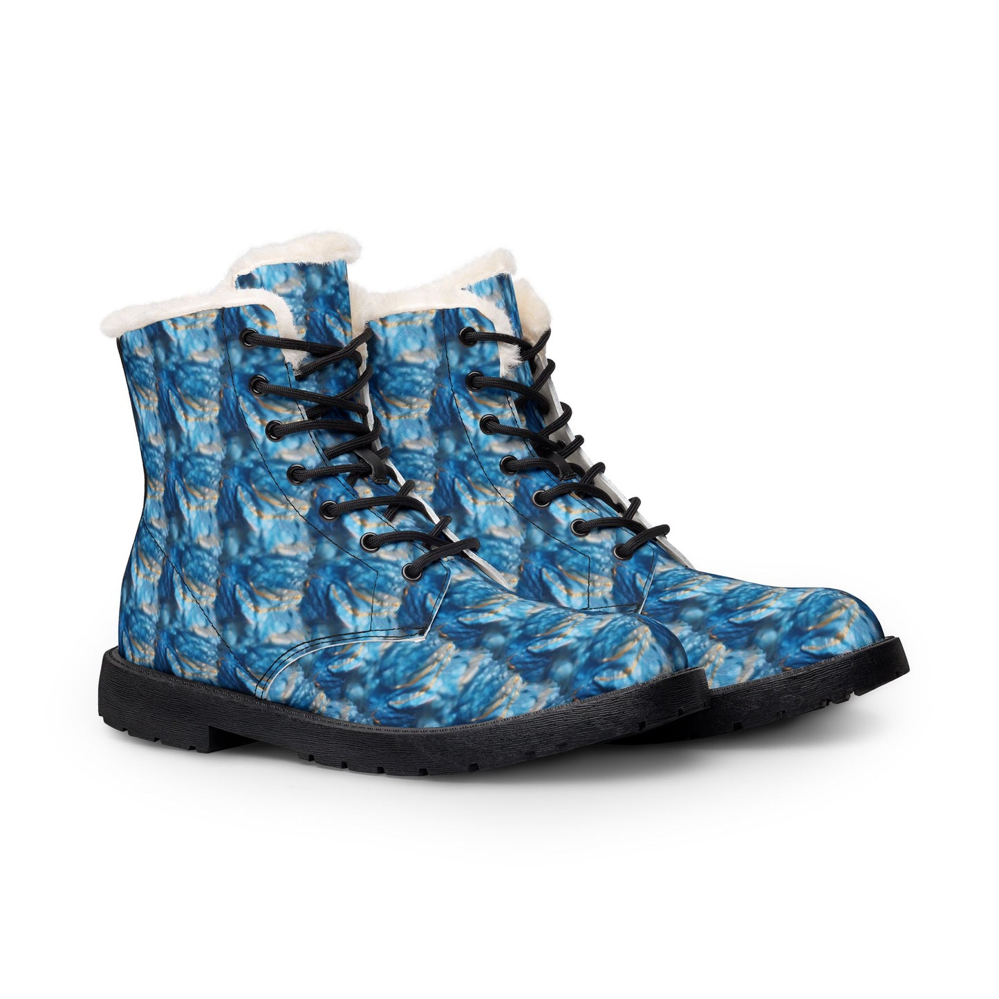 Blue Marble Fur-Lined Leather Boots – Women's Cozy Winter Ankle Boots