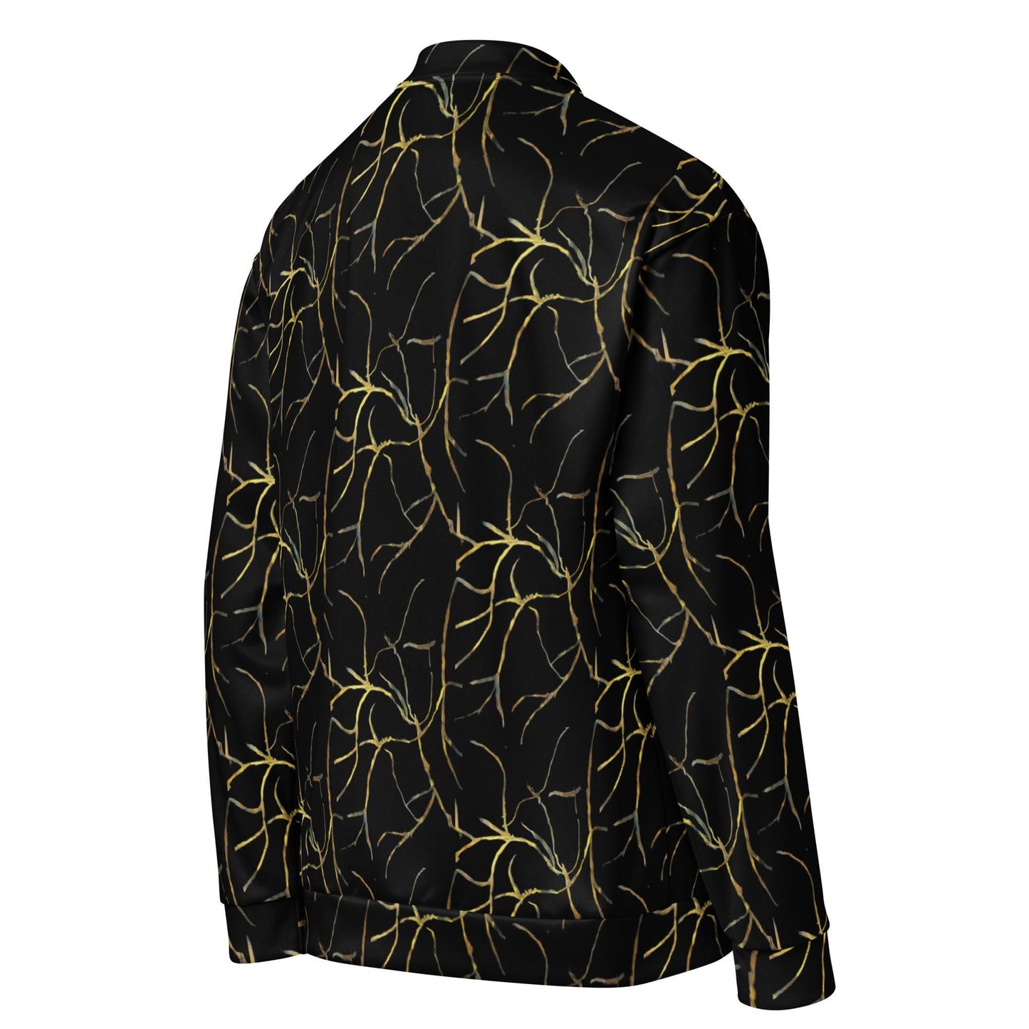 Black and Gold Bomber Jacket: Abstract Leaf Pattern, Lightweight Outerwear