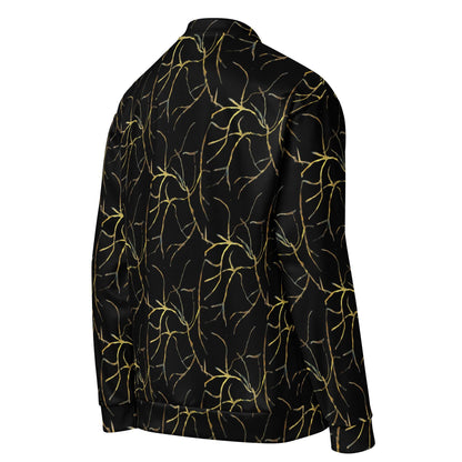 Black and Gold Bomber Jacket: Abstract Leaf Pattern, Lightweight Outerwear