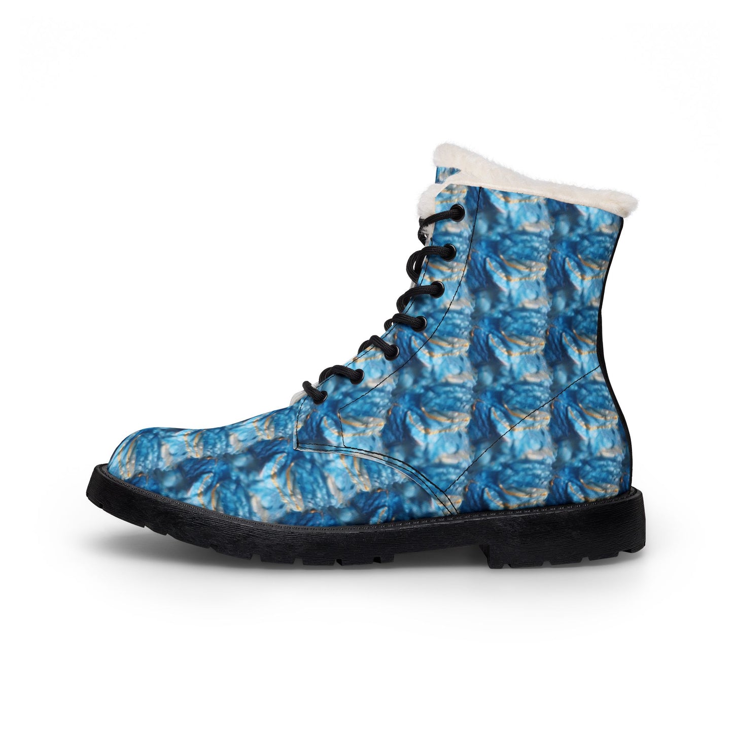 Blue Marble Fur-Lined Leather Boots – Women's Cozy Winter Ankle Boots