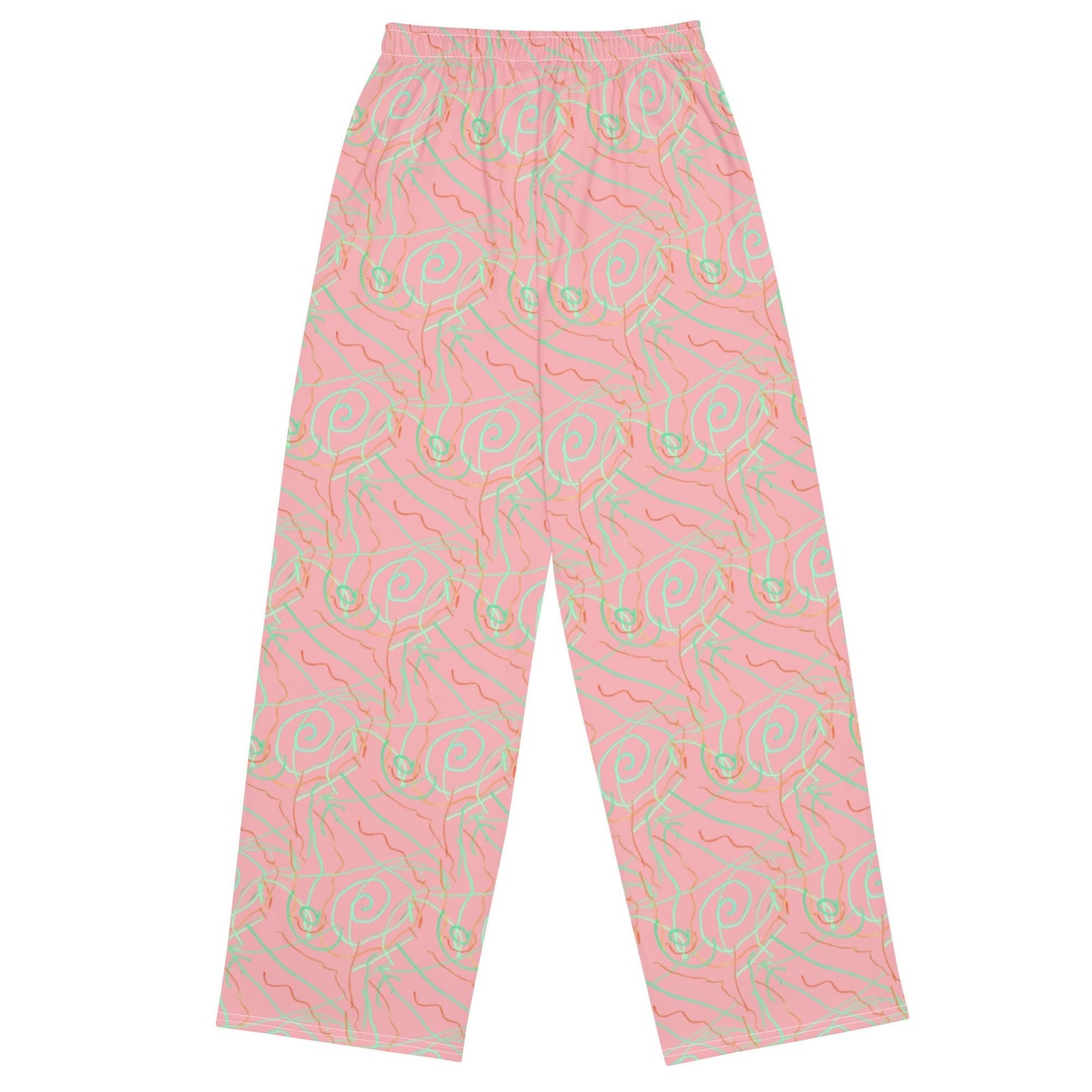 High Waisted Pastel Marble Trousers – Pink and Green Abstract Print Wide Leg Pants