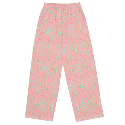 High Waisted Pastel Marble Trousers – Pink and Green Abstract Print Wide Leg Pants