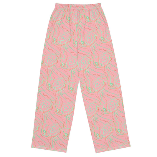 High Waisted Pastel Marble Trousers – Pink and Green Abstract Print Wide Leg Pants