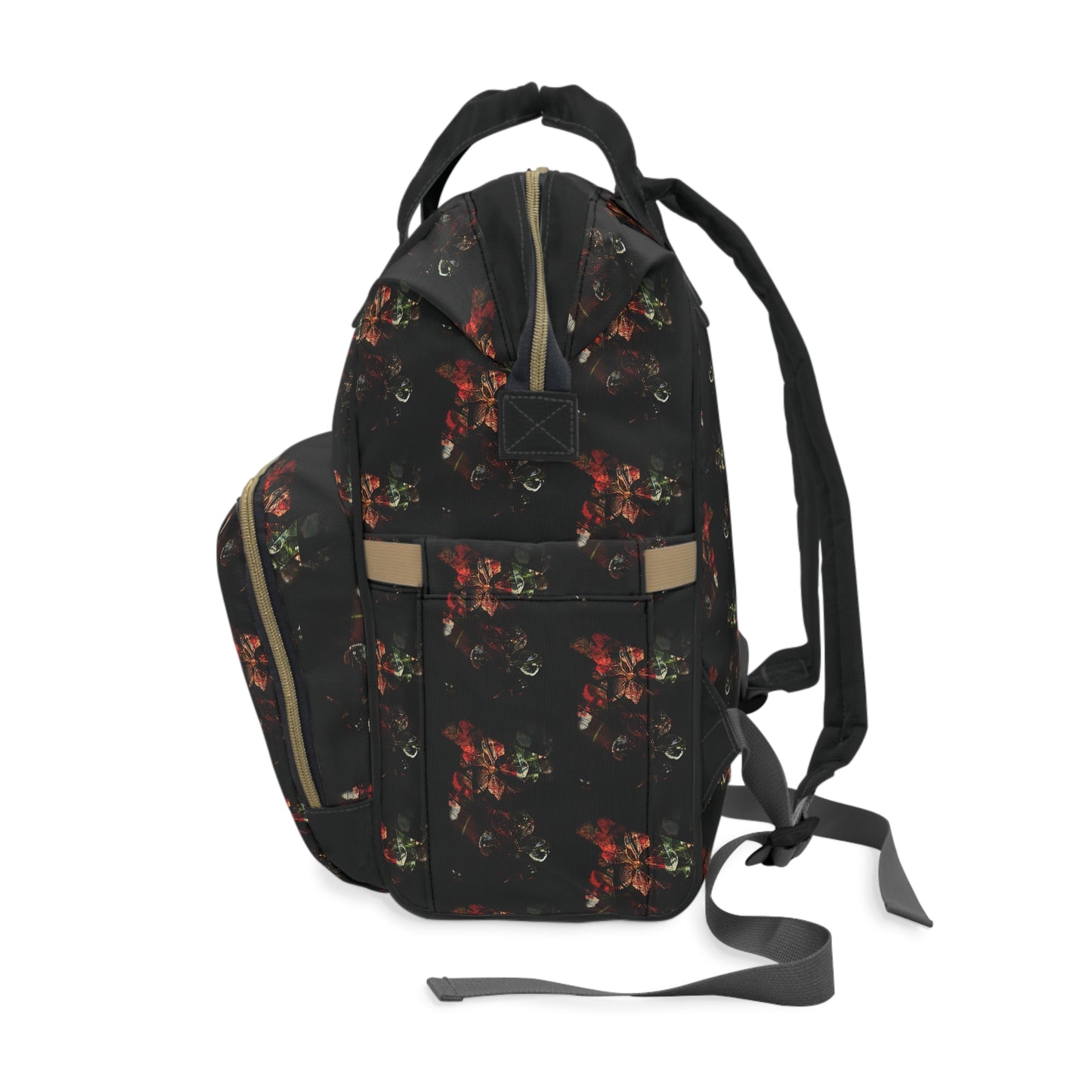 Floral Black Multifunctional Diaper Backpack — Large Travel Nappy Bag with Changing Mat