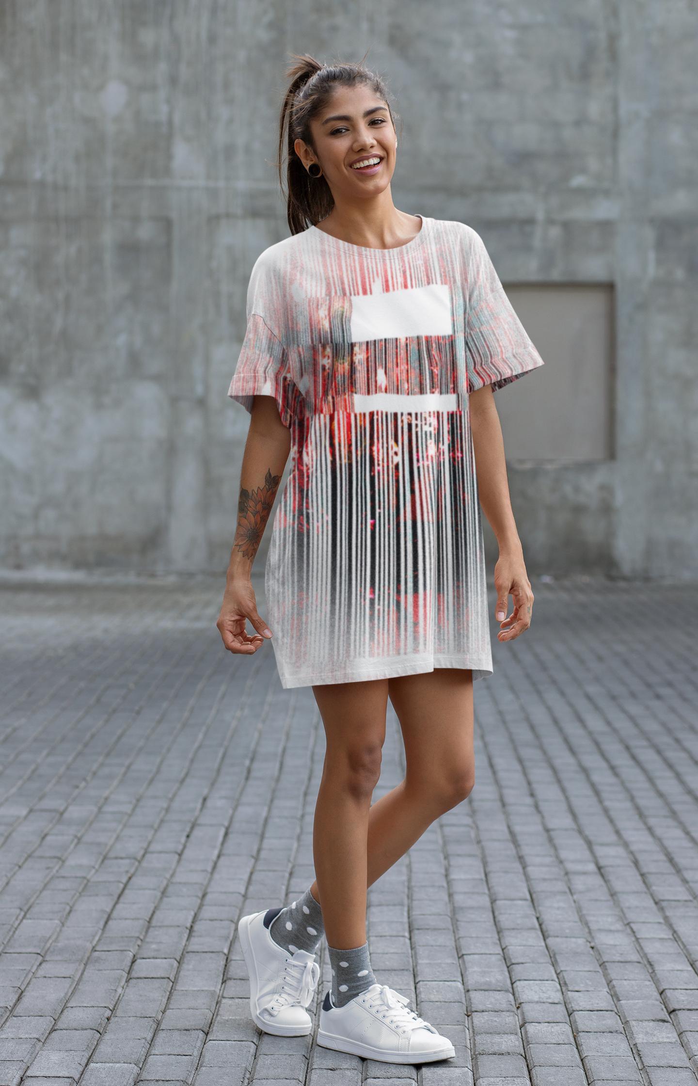 Barcode Print T-Shirt Dress: Oversized Red & White Ombré Design