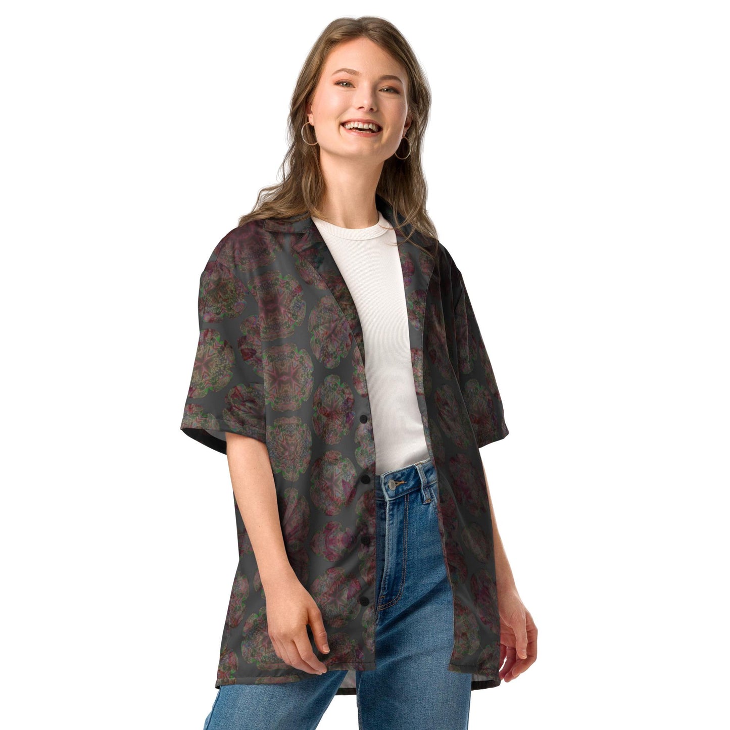 Vintage-Inspired Dark Floral Print Cropped Shirt – Women’s Casual Button-Up Blouse