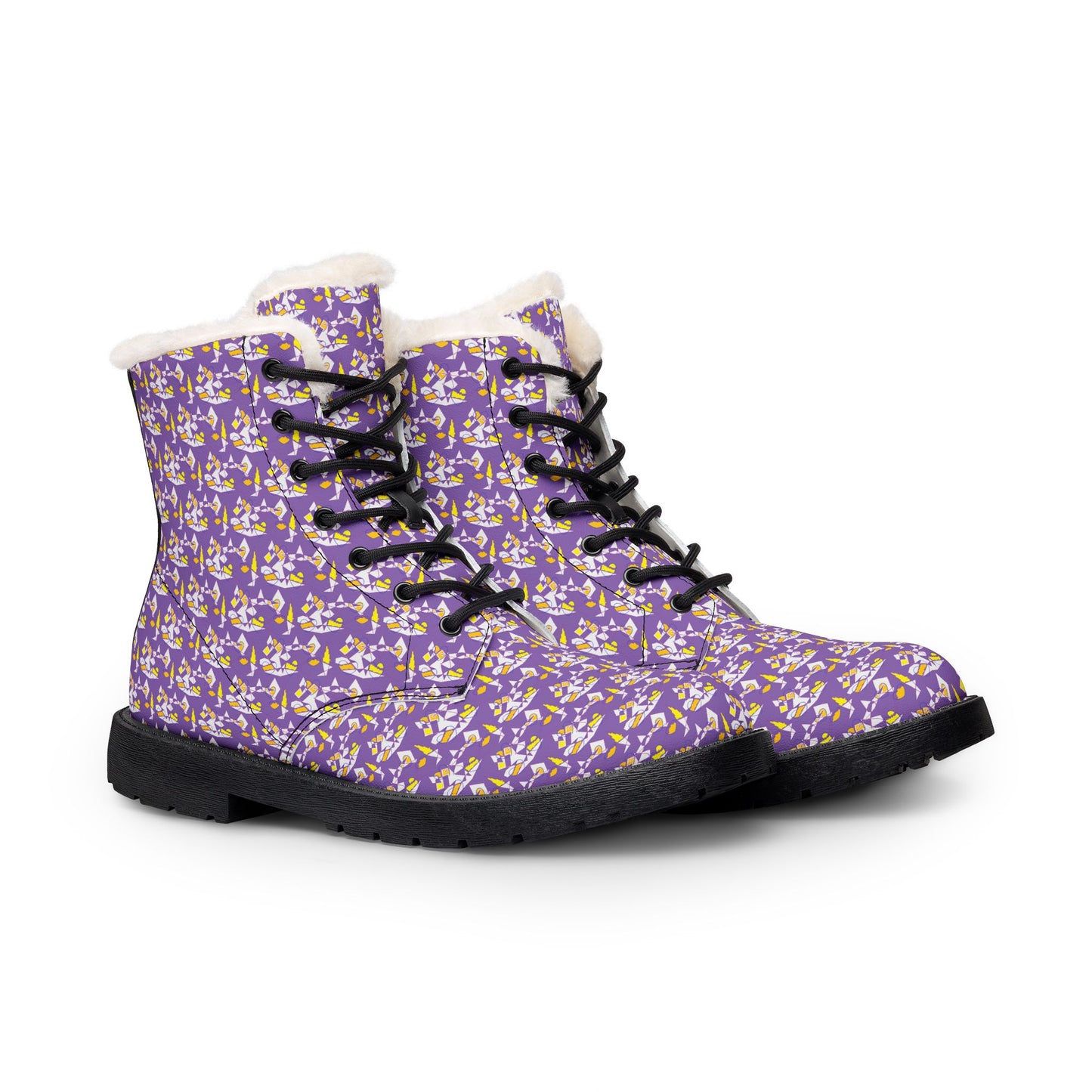 Purple Floral Fur-Lined Leather Boots — Women's Cozy Winter Lace-Up Boots
