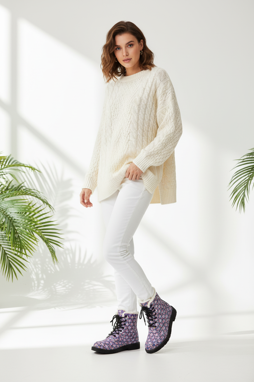 Purple Floral Fur-Lined Leather Boots — Women's Cozy Winter Lace-Up Boots
