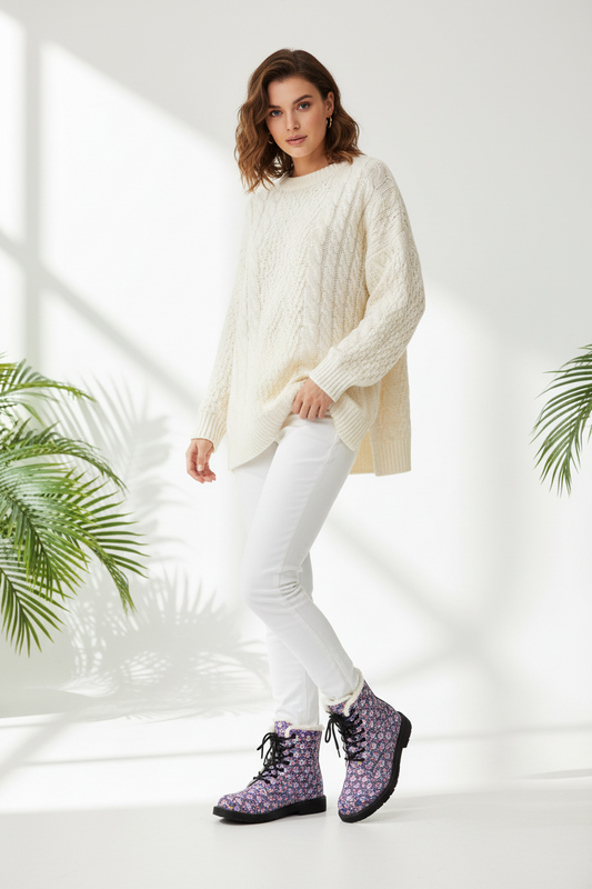 Purple Floral Fur-Lined Leather Boots — Women's Cozy Winter Lace-Up Boots