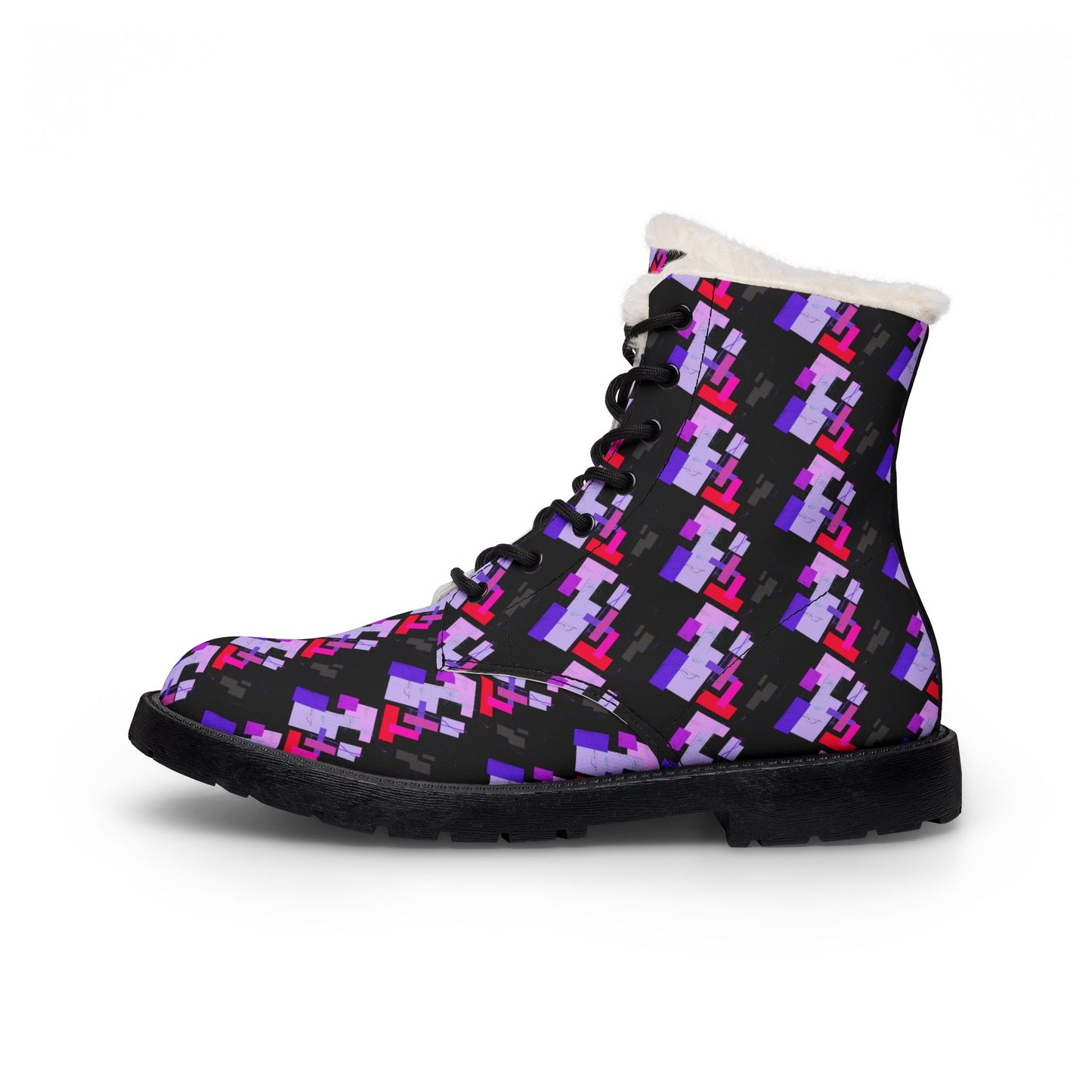 Pink Houndstooth Pattern Women's Boots | Leather Fur Ankle Booties