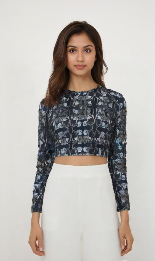 Recycled Blue Floral Crop Top | Long Sleeve Blouse | Cottagecore | Boho Chic | Festival | Y2K Fashion