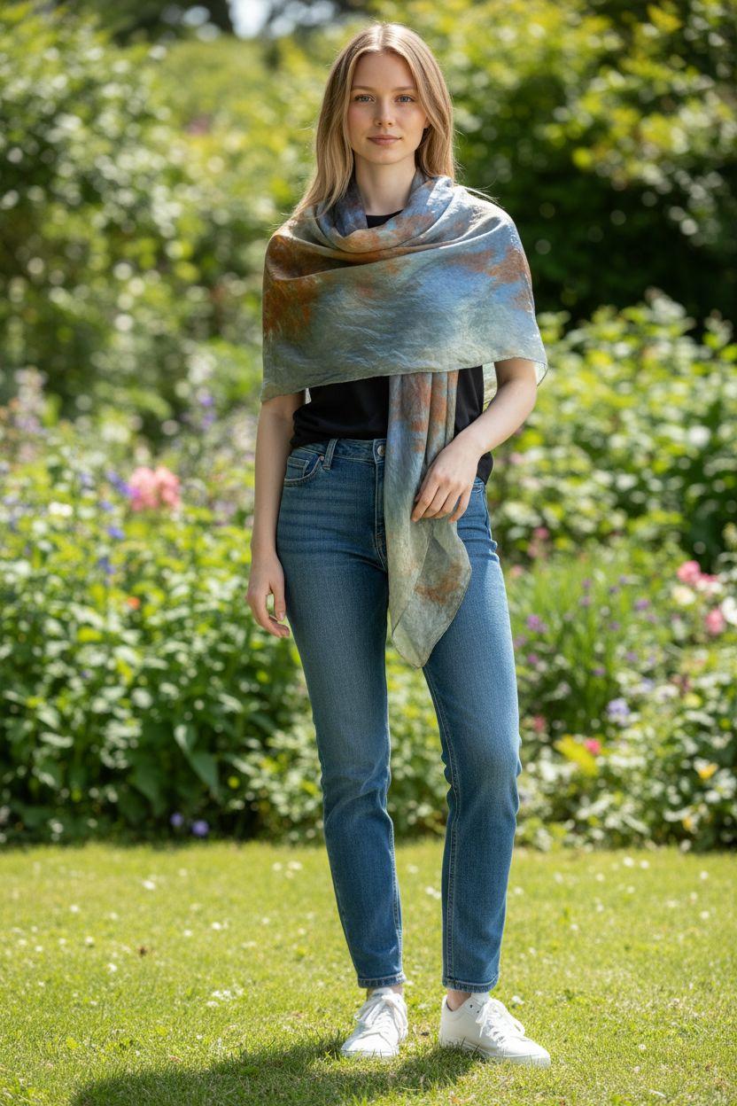 Blue and yellow gold square scarf, stunning abstract design in shades of blue, perfect for adding elegance to any outfit, great gift idea.