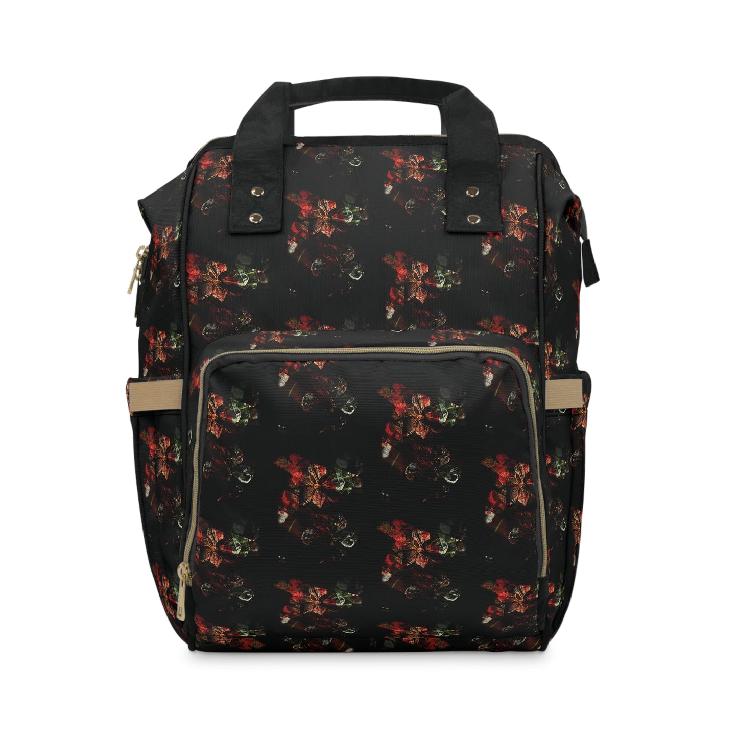 Floral Black Multifunctional Diaper Backpack — Large Travel Nappy Bag with Changing Mat