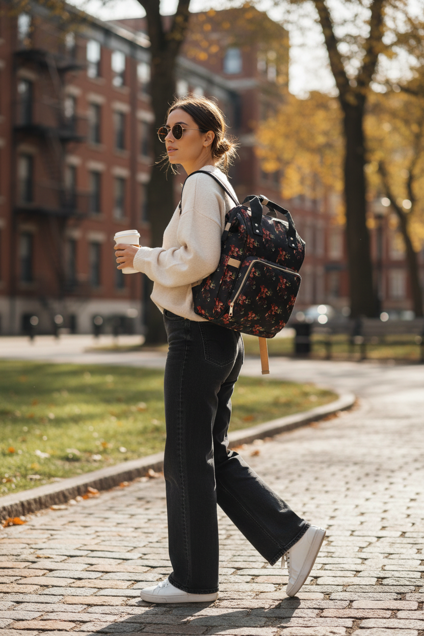 Floral Black Multifunctional Diaper Backpack — Large Travel Nappy Bag with Changing Mat