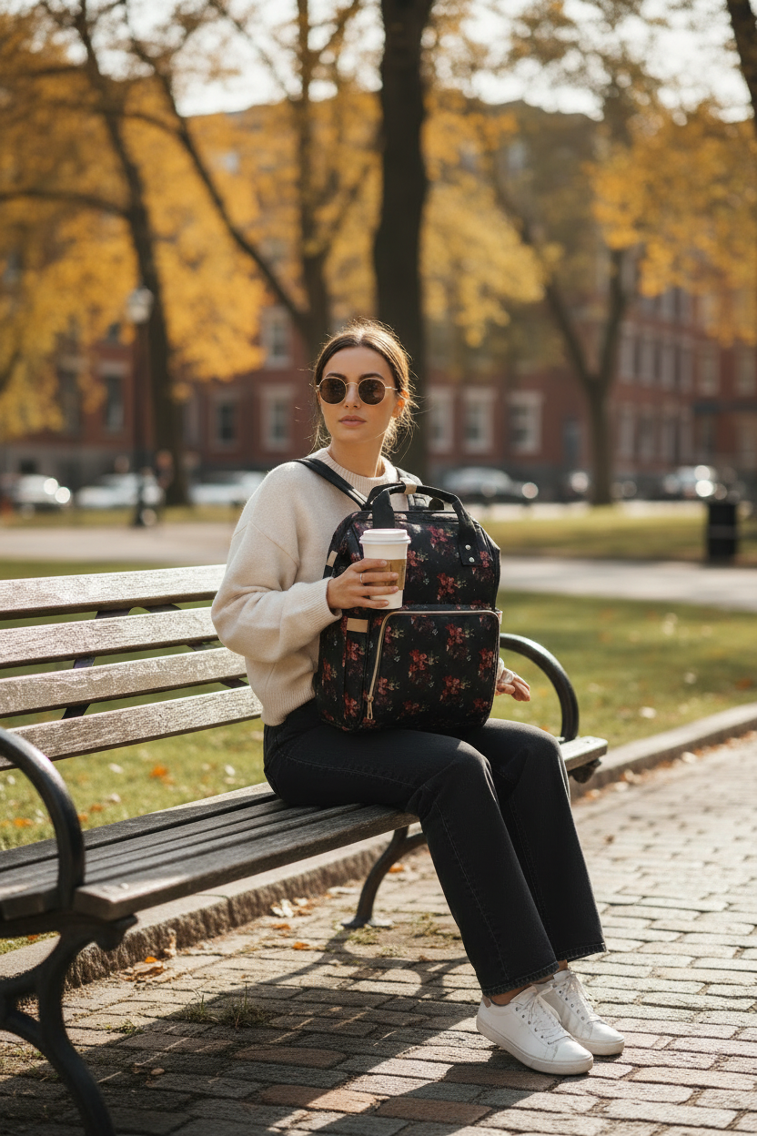 Floral Black Multifunctional Diaper Backpack — Large Travel Nappy Bag with Changing Mat