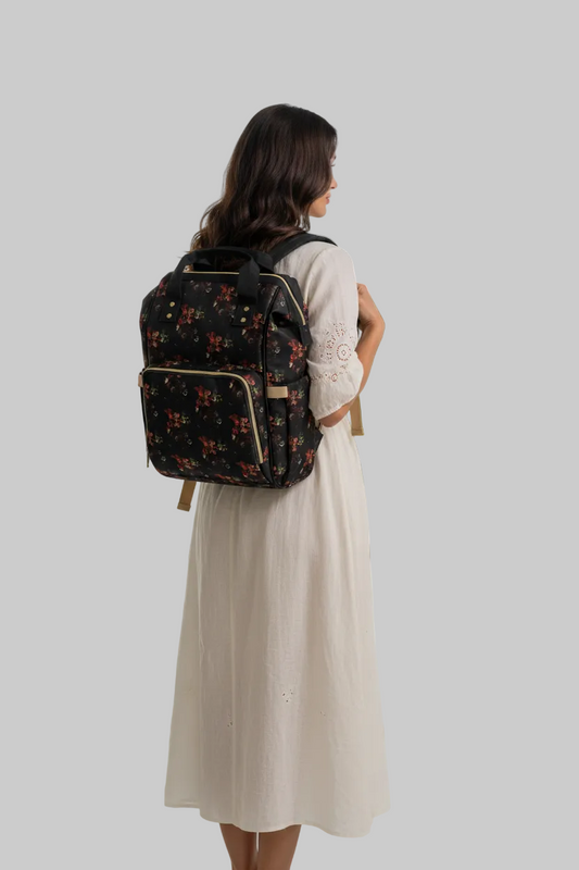 Floral Black Multifunctional Diaper Backpack — Large Travel Nappy Bag with Changing Mat