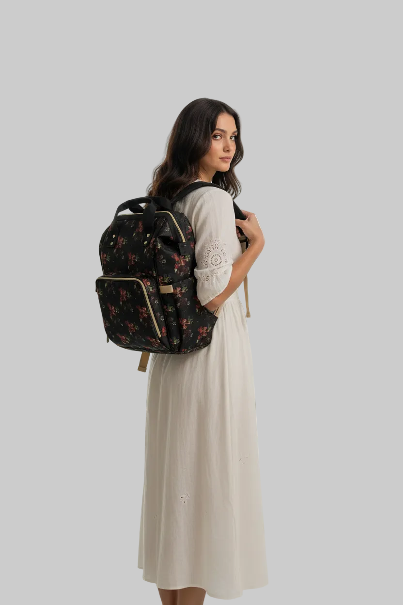 Floral Black Multifunctional Diaper Backpack — Large Travel Nappy Bag with Changing Mat