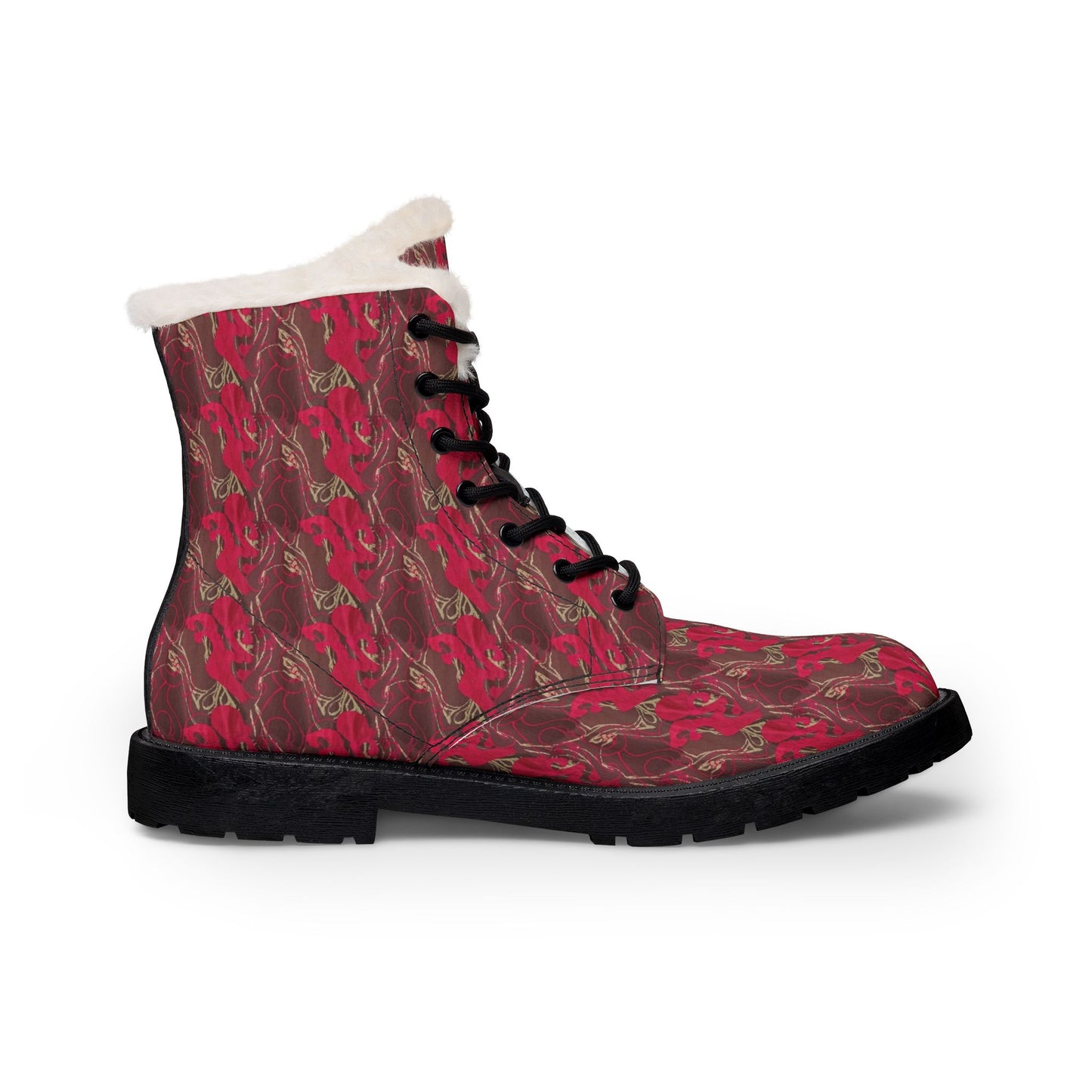 Red Floral Fur-Lined Leather Boots — Women's Winter Lace-Up Fashion Boots