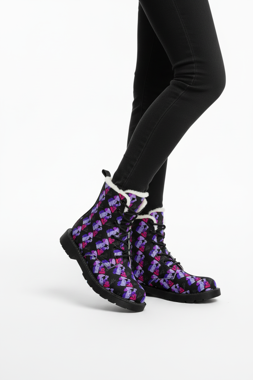 Pink Houndstooth Pattern Women's Boots | Leather Fur Ankle Booties