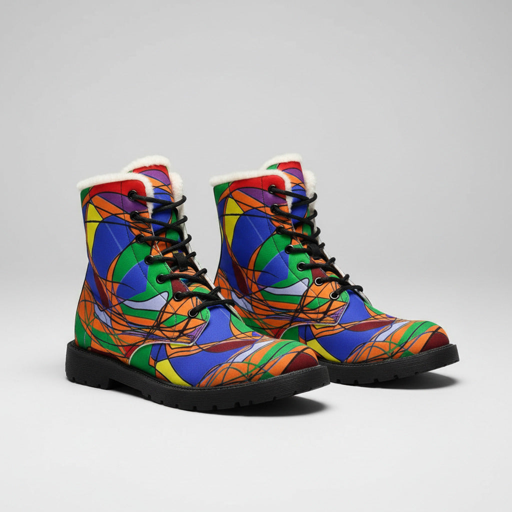 Colorful Abstract Fur-Lined Boots — Women's Leather Winter Boots