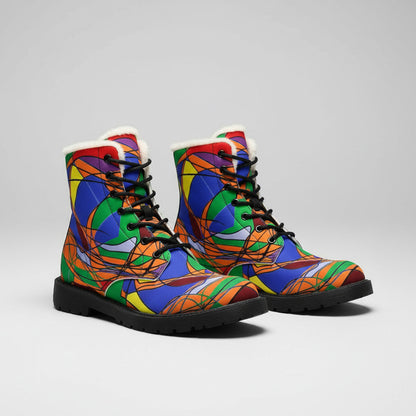 Colorful Abstract Fur-Lined Boots — Women's Leather Winter Boots