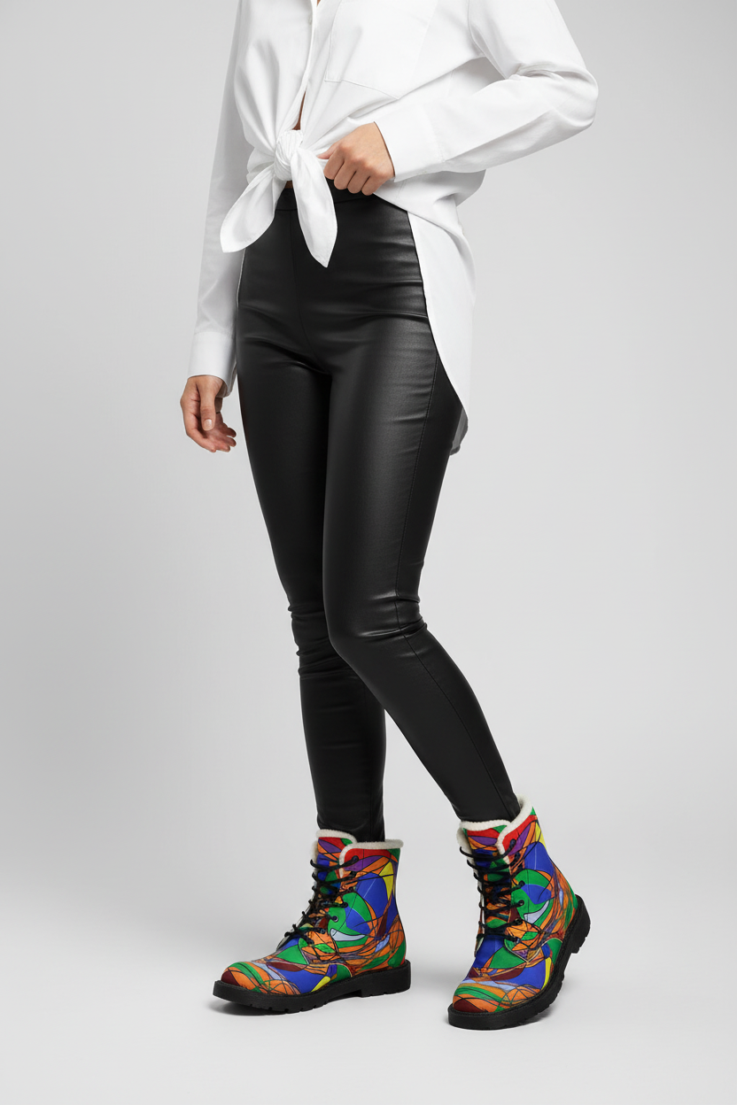Colorful Abstract Fur-Lined Boots — Women's Leather Winter Boots