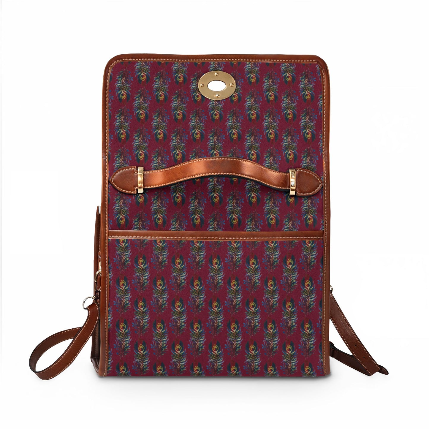 Canvas Bag — Waterproof Burgundy Peacock Feather Print Shoulder Bag