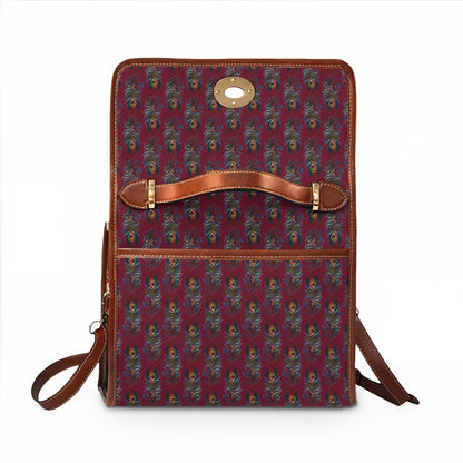 Canvas Bag — Waterproof Burgundy Peacock Feather Print Shoulder Bag