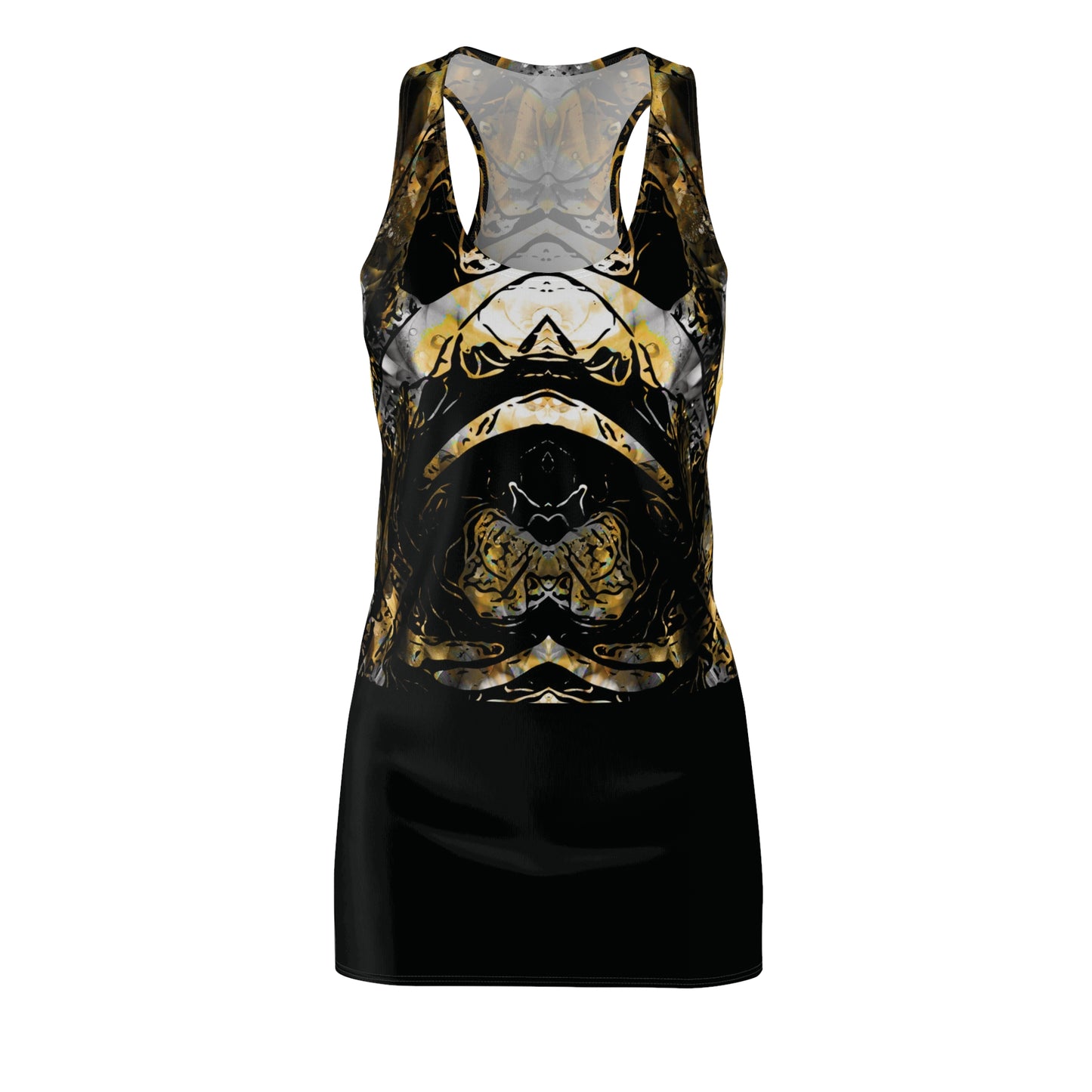 Abstract Gold & Black Racerback Dress – Symmetrical Marbled AOP