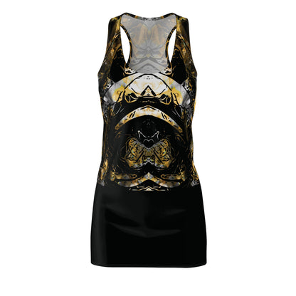 Abstract Gold & Black Racerback Dress – Symmetrical Marbled AOP