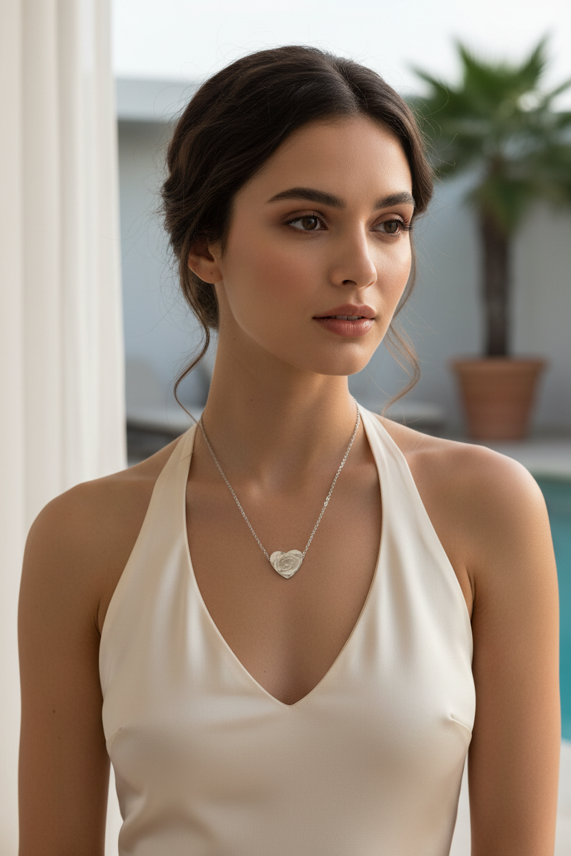 Engravable Heart Necklace with Rose Pattern — Personalized Gift Pendant