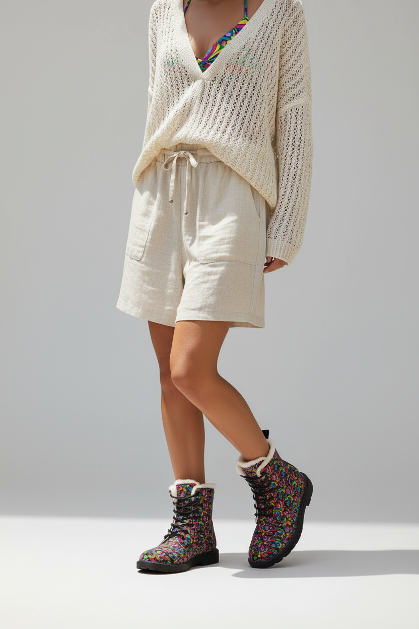 Colorful Abstract Floral Pattern Boots Winter Fur Boots