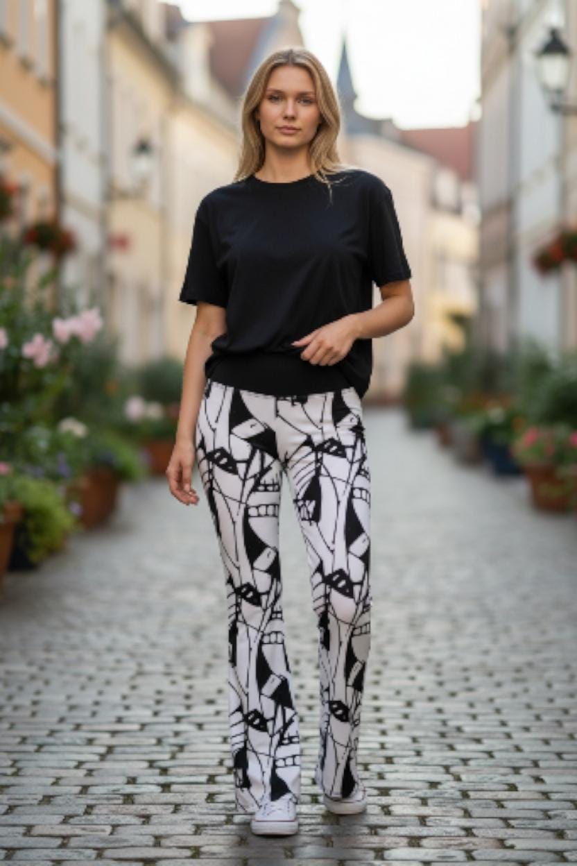 Bold Abstract Graphic Print Flare Leggings | Black & White High Waisted Trousers