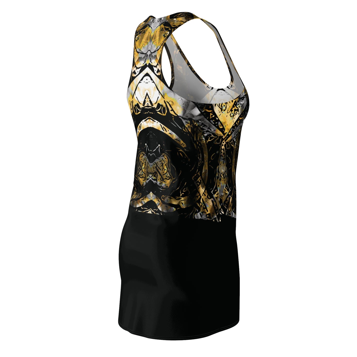 Abstract Gold & Black Racerback Dress – Symmetrical Marbled AOP