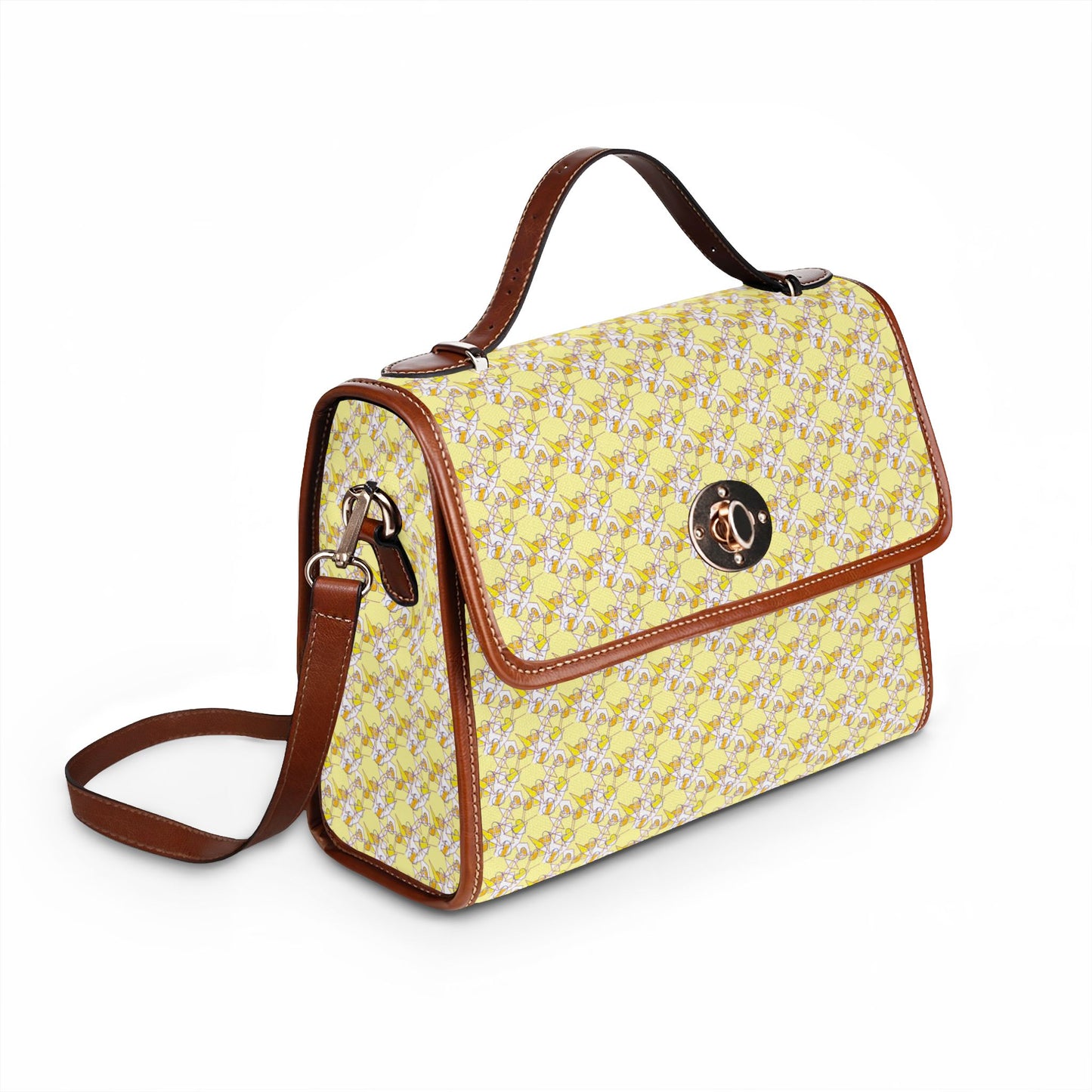 Yellow Floral Canvas Bag — Waterproof Handbag Tote with Leather Trim