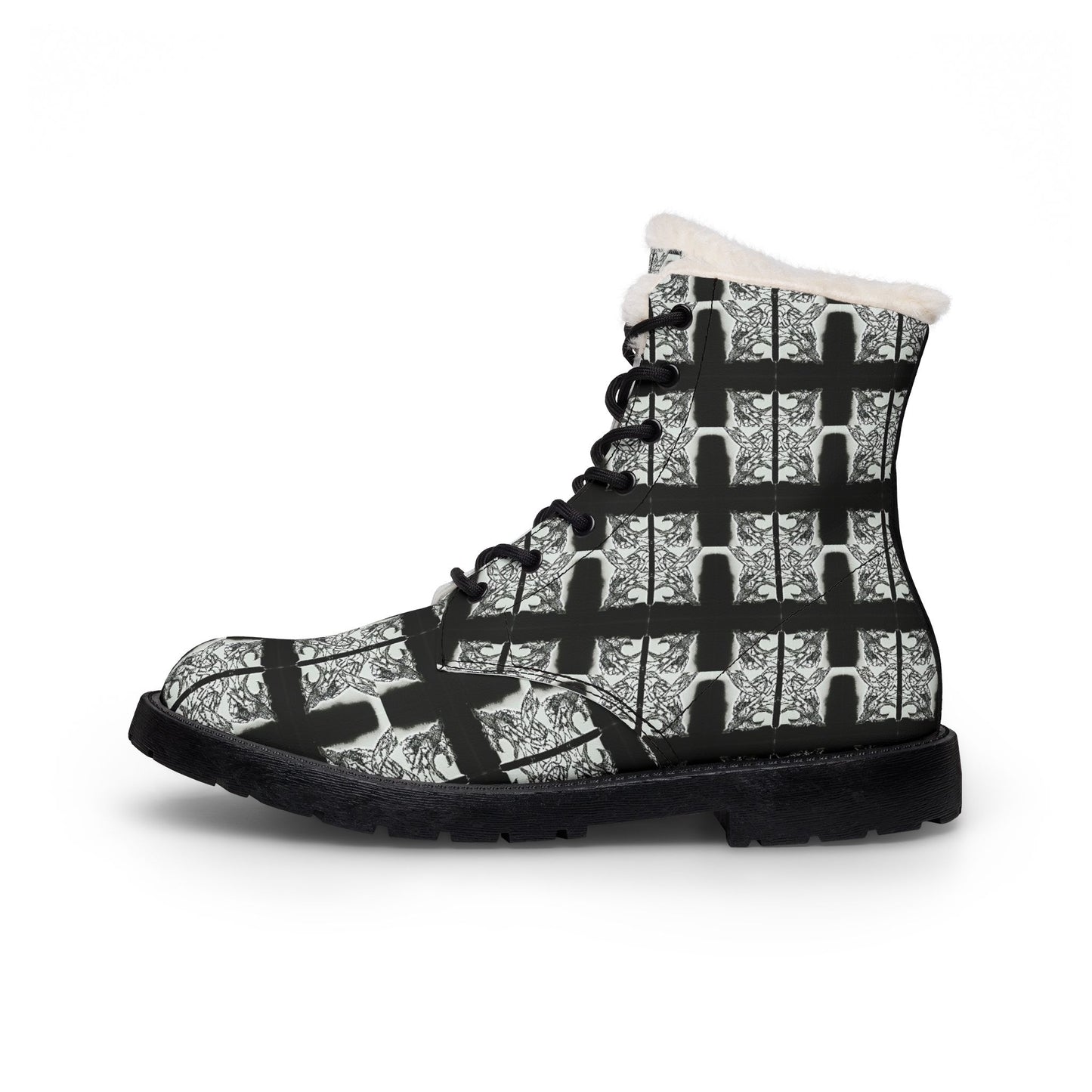 Faux Fur-Lined Leather Combat Boots — Black Plaid Winter Boots for Women