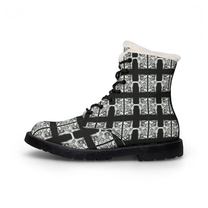 Faux Fur-Lined Leather Combat Boots — Black Plaid Winter Boots for Women