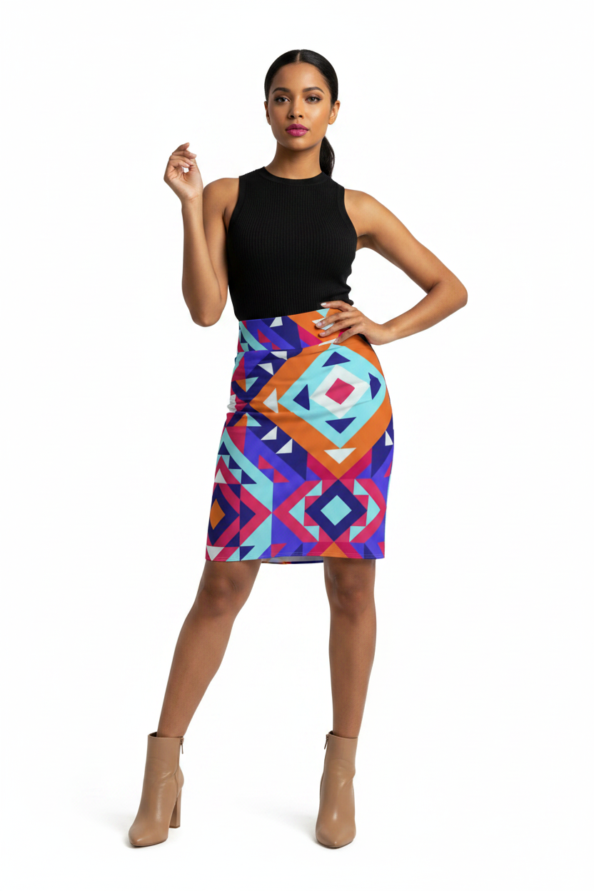 Aztec Geo Print Pencil Skirt — Bold Tribal Pattern Women's Skirt