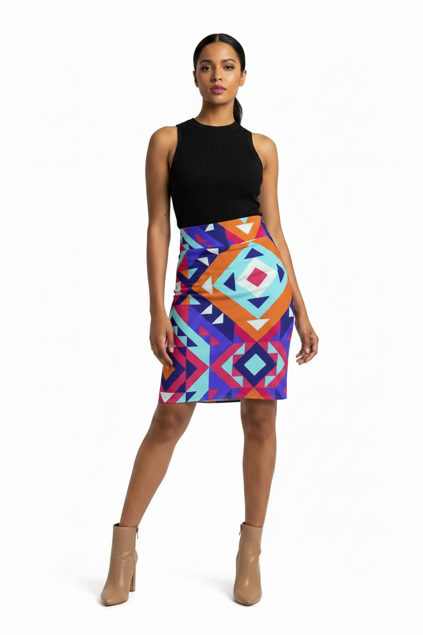 Aztec Geo Print Pencil Skirt — Bold Tribal Pattern Women's Skirt
