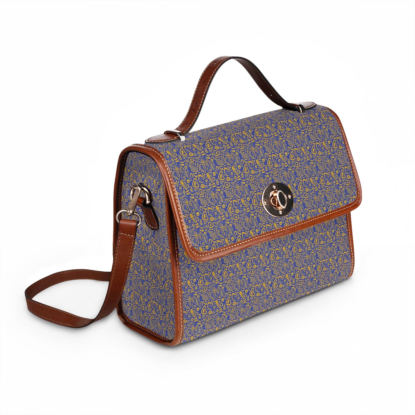 Waterproof Canvas Satchel Bag — Vintage Floral Pattern, Leather Trim