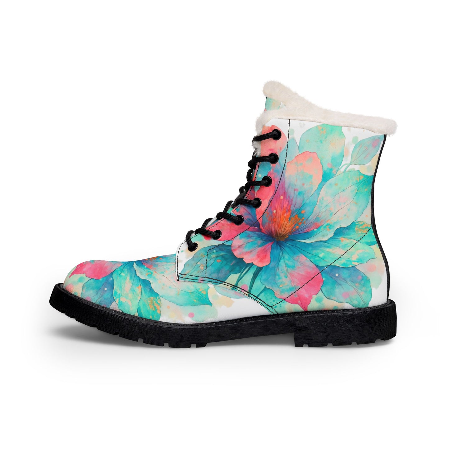 Floral Fur-Lined Leather Boots — Women's Watercolor Flower Winter Boots