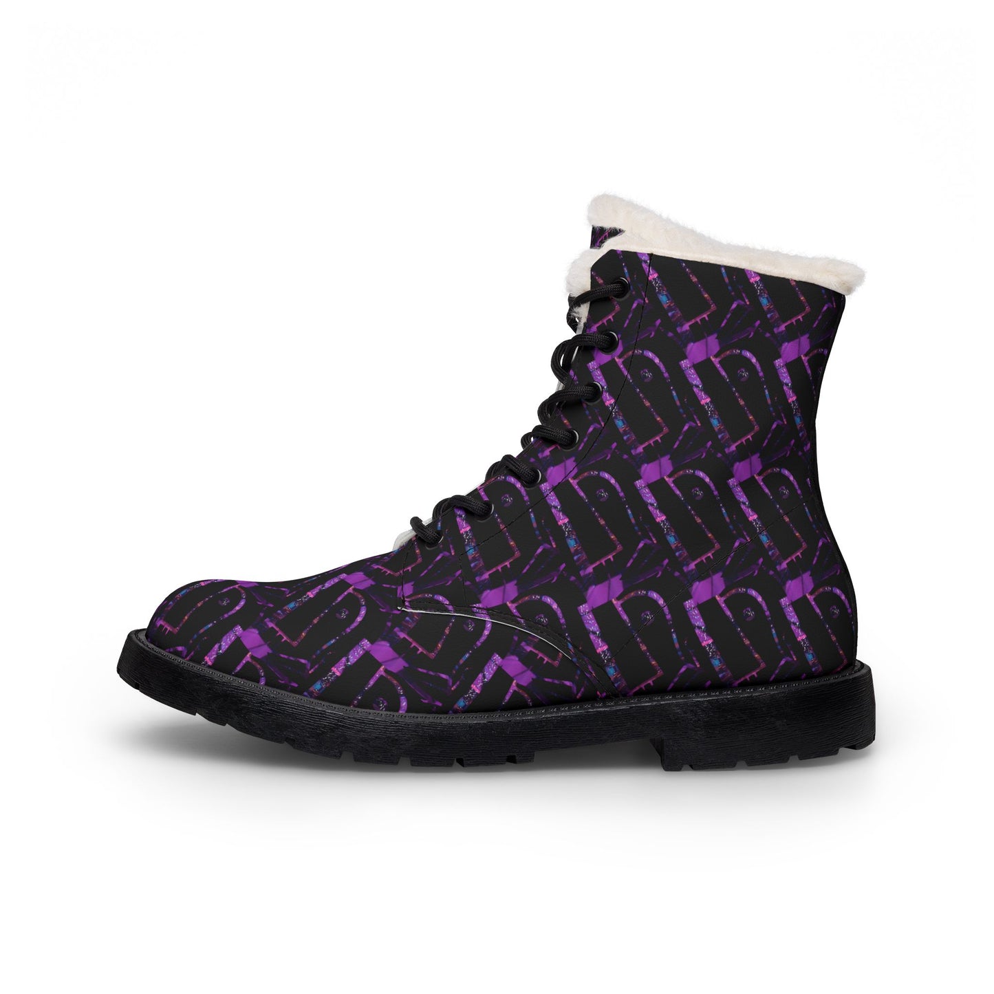 Purple Graffiti Fur-Lined Leather Boots — Women's Cozy Winter Combat Style