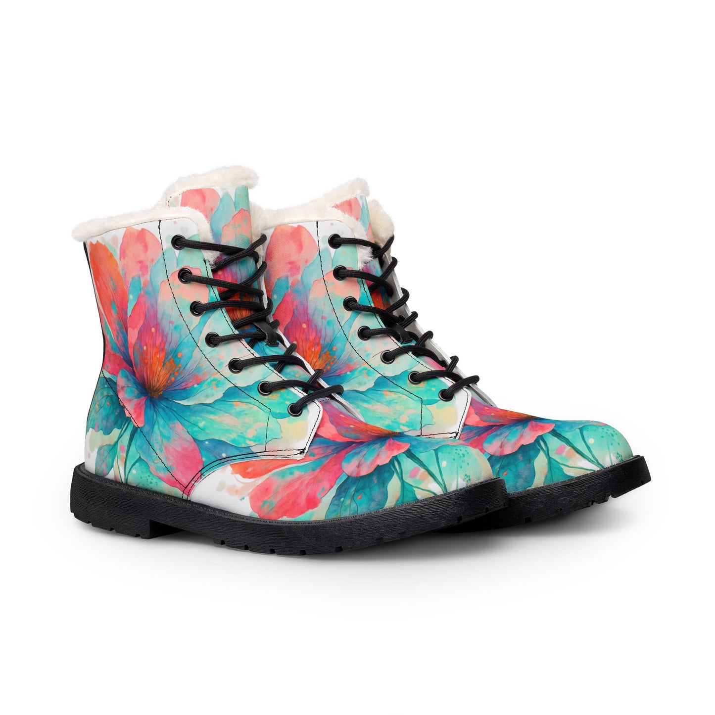 Floral Fur-Lined Leather Boots — Women's Watercolor Flower Winter Boots