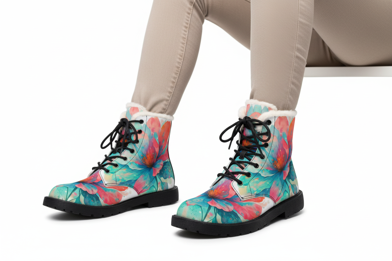 Floral Fur-Lined Leather Boots — Women's Watercolor Flower Winter Boots