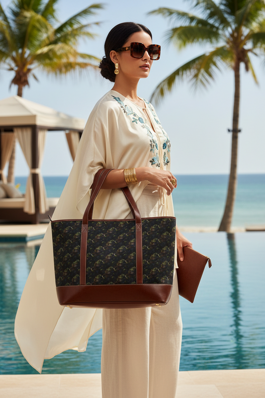 Vintage Botanical Tote Handbag — Dark Floral Pattern Shoulder Bag