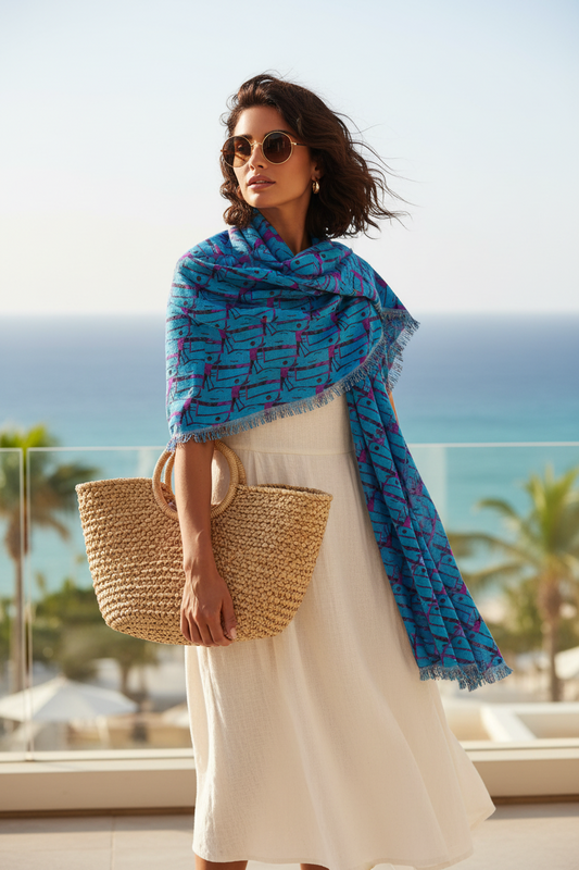 Light Scarf — Blue Geometric Patterned Lightweight Fashion Scarf