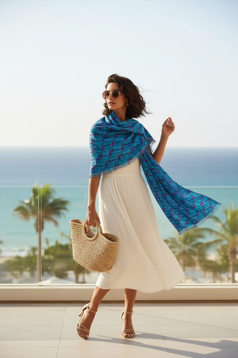 Light Scarf — Blue Geometric Patterned Lightweight Fashion Scarf